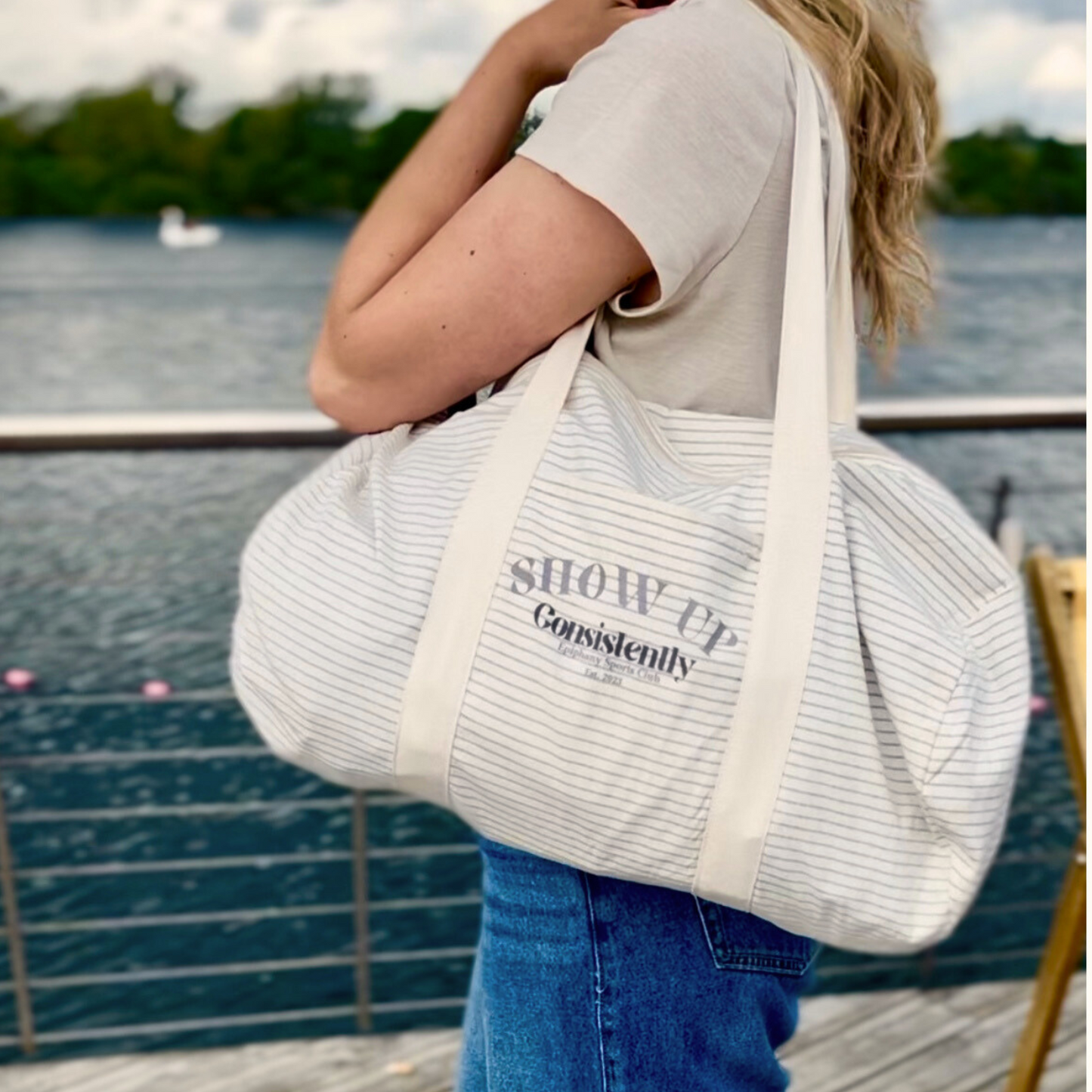 Striped Barrel Bag - Cream & Grey | The Epiphany Closet - Sports Bag - The Epiphany Closet