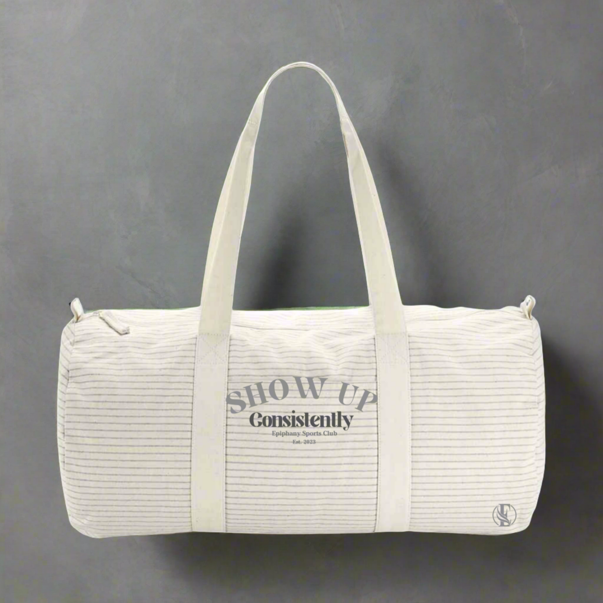 Striped Barrel Bag - Cream & Grey | The Epiphany Closet - Sports Bag - The Epiphany Closet