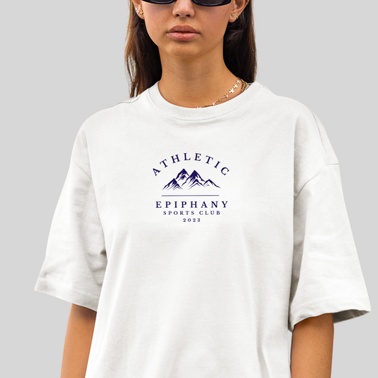 Ladies white t-shirt with Navy Blue writing . Athletic from The Epiphany Sports Club