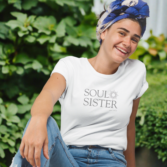 Ladies "Soul Sister" t-shirt in white. Organic heavy cotton for style and comfort. | The Epiphany Closet - Wellbeing Clothing With Meaning - The Epiphany Closet