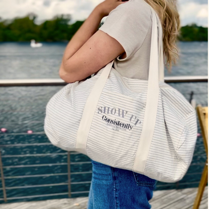 Striped Barrel Bag - Cream & Grey | The Epiphany Closet - Sports Bag - The Epiphany Closet