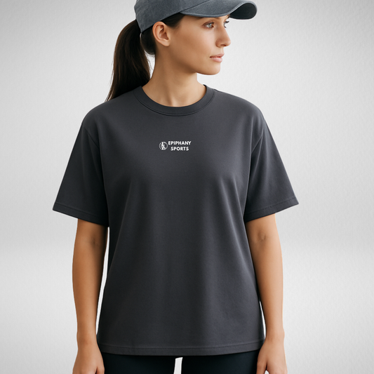 Person wearing a black t-shirt with 'Ephany Sports' logo on a light gray background